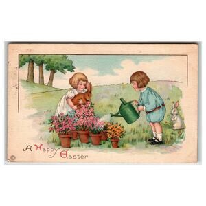 Vintage A Happy Easter Postcard 1923 Children Rabbits Flowers Gardening Posted